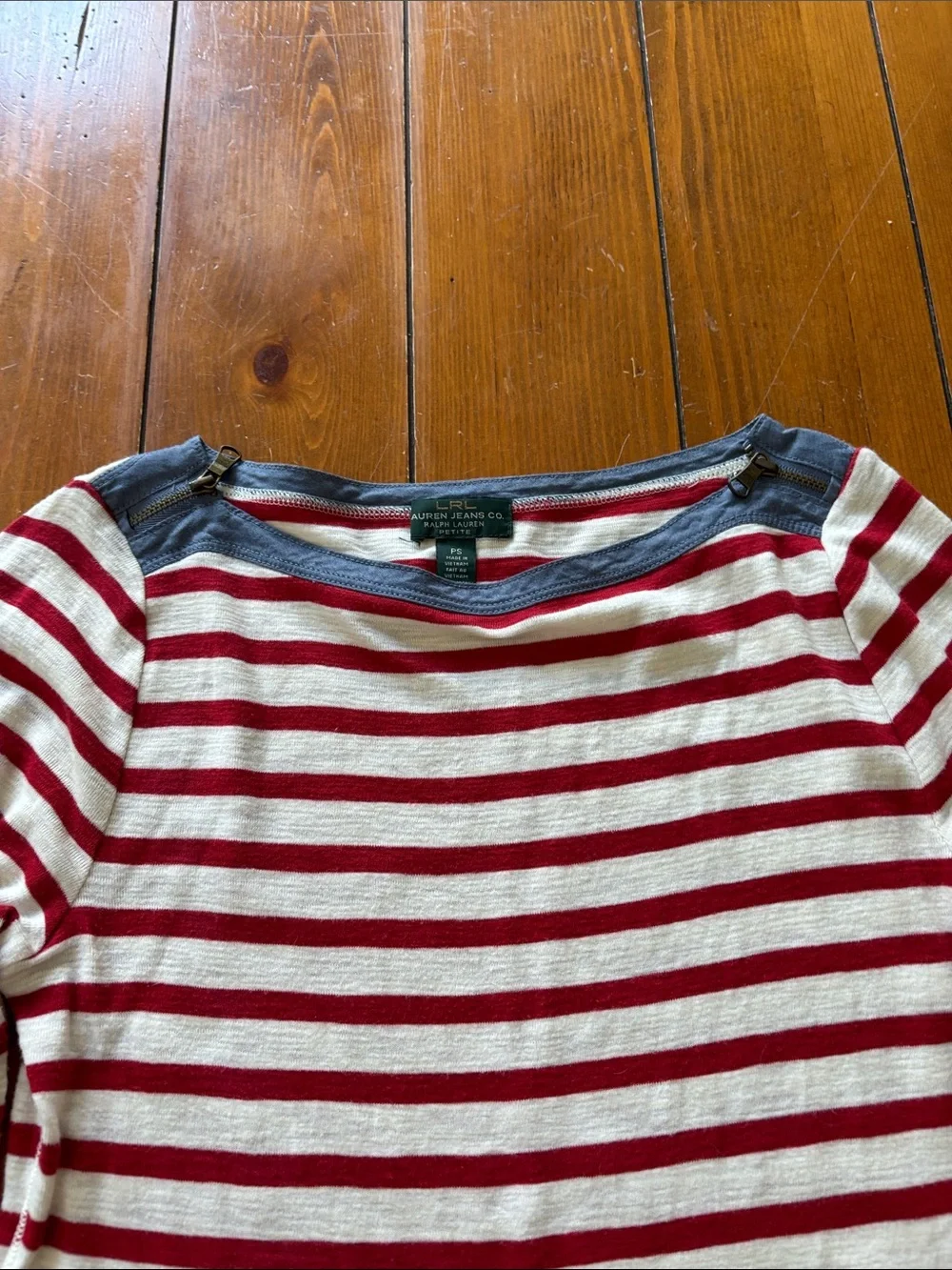 Vintage LRL Ralph Lauren Nautical Red & White Striped Tee Women’s Size PS